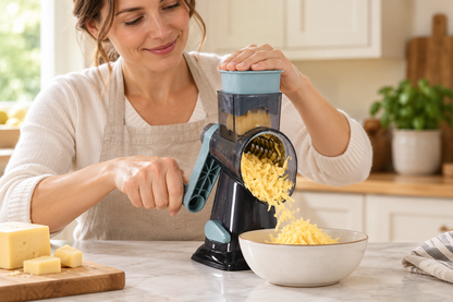 Hand-Crank Rotary Grater — Blue Gray — styled scene — product illustration