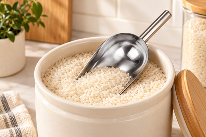 Multipurpose Food Scoop — Silver — styled scene — product illustration