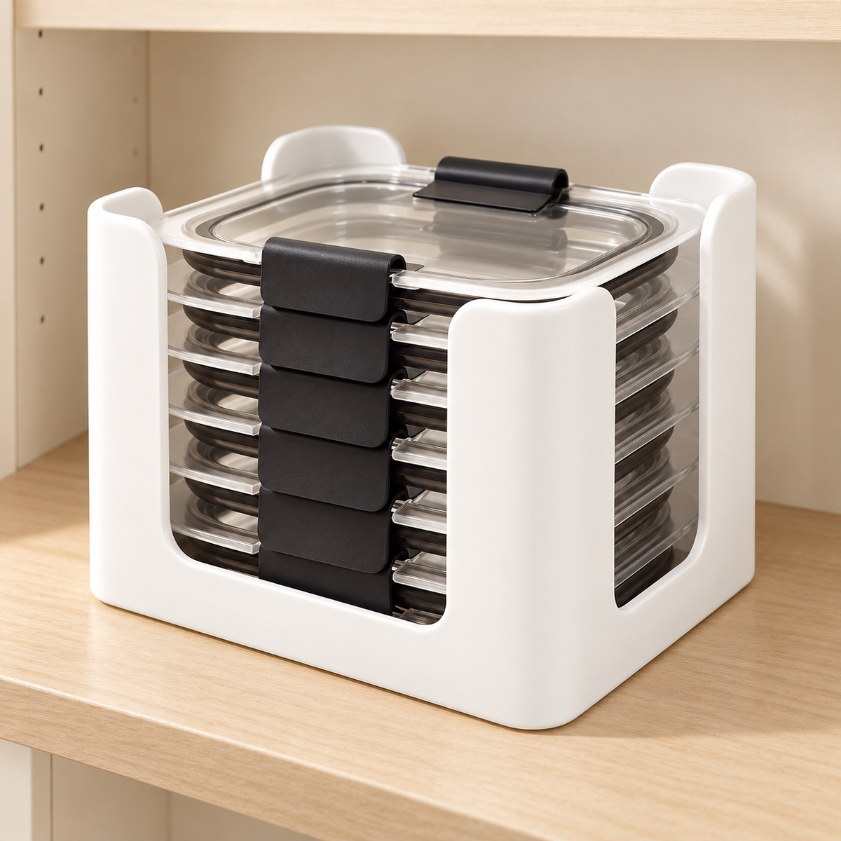 White Food Container Lid Organizer — styled scene — product illustration