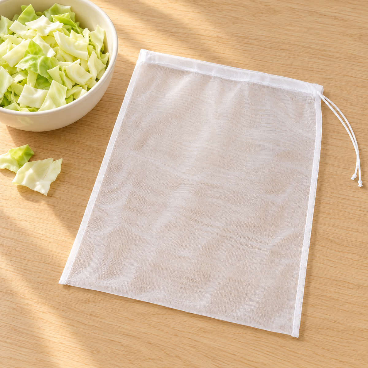 Drawstring Kitchen Straining Bag — styled scene — product illustration